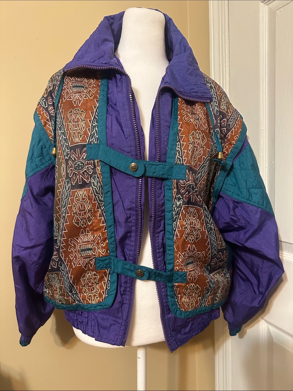 Vintage-Inspired Purple Teal Patterned Women's Bomber Jacket